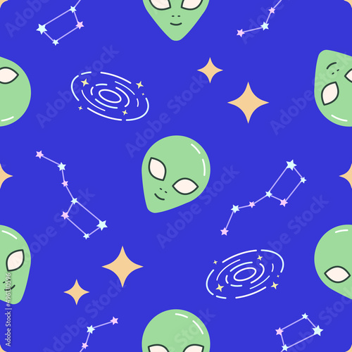 Space cool cartoon seamless pattern. Colorful geek style repeating texture for apparel, fabric design. Funny vector background. Alien, UFO, constellation, star on purple background