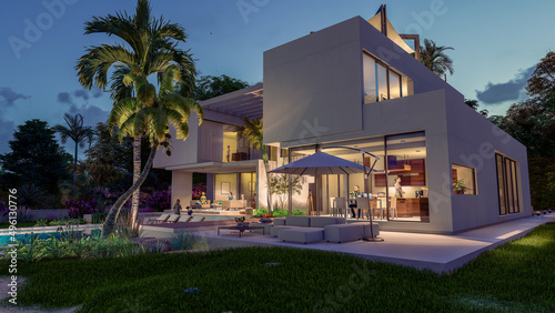 Luxury modern  villa with pool at dusk © FrankBoston