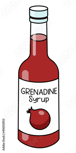 Doodle cartoon style red pomegranate grenadine syrup in a bottle. Sweet sugar cocktail ingredient. For card, stickers, posters, bar menu or cook book recipe. photo