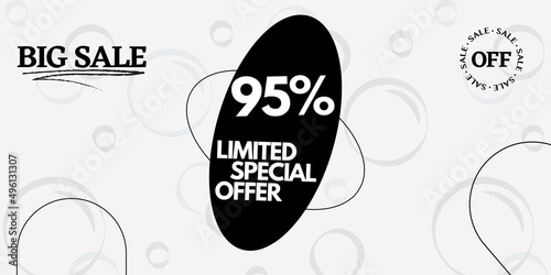 95% off limited special offer. Banner with ninety five percent discount on a white background with black circles