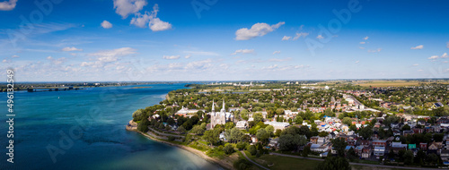 Aerial panoramic view of the city of Varennes and the St. Lawrence River. 
