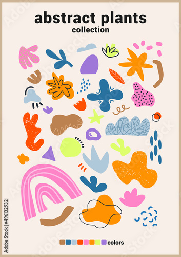 Collection of trendy doodles and abstract symbols of nature and plants on isolated background. Large collection  unusual organic forms in art-matisse style by hand.