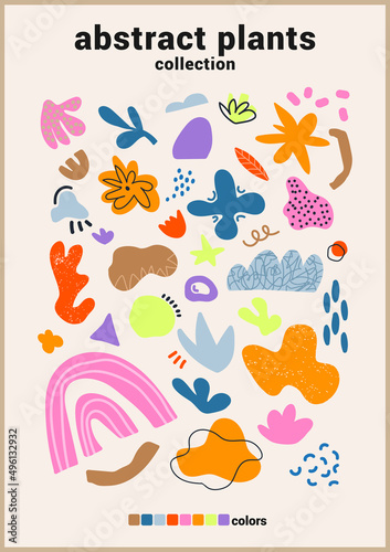 Collection of trendy doodles and abstract symbols of nature and plants on isolated background. Large collection, unusual organic forms in art-matisse style by hand.