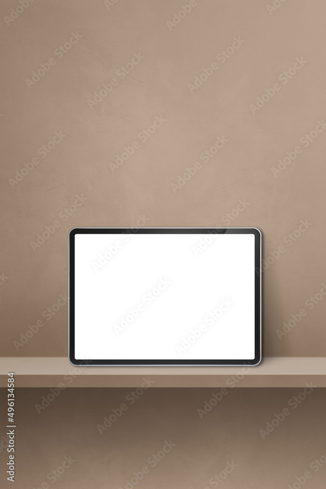 Digital tablet pc on brown wall shelf. Vertical background banner Digital tablet pc on brown wall shelf. Vertical background banner