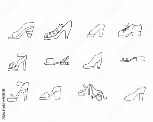 A set of women's shoes is drawn with a black outline. Shoes, icons are hand-drawn