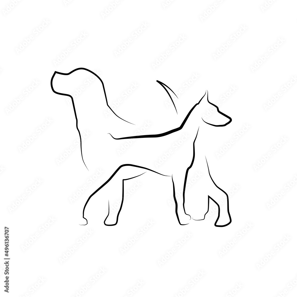 Two dogs in silhouette in linear shape. Vector template. Two dogs in silhouette in linear shape. Vector template.