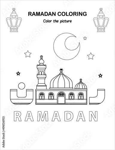 Beautiful Mosque with moon and stars Ramadan Children Coloring book pages , Islamic month ramadan worksheet ,Sketch outline black and white pages . Kids education. Vector illustration 