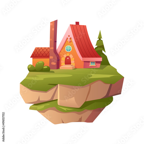 Fantasy floating island with fairy house. Vector cartoon of platform of rock pieces.