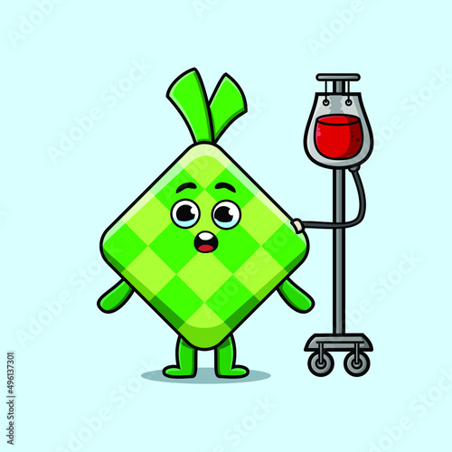 Cute cartoon illustration of ketupat having blood transfusion with cute modern style deign