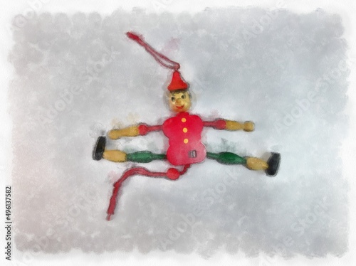 antique red and green wooden doll toys watercolor style illustration impressionist painting.