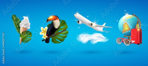 Realistic 3D vector summer holidays symbols objects set. Vacation realistic icons set isolated ice cream cone, tropical leaves, toucan, plane over the sea, globe, suitcase, diving mask