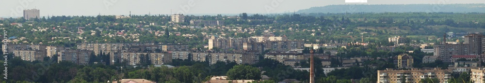 Panoramic top view of the industrial city on a sunny summer day. Aerial panoramic view of the industrial city of Krivoy Rog in Ukraine. cityscape 