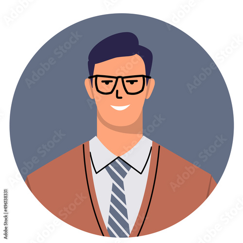 Round icon of a young man with glasses. Portrait of a businessman in a tie. Avatar of a happy smiling man in brown clothes. Flat style isolated on white background. Vector