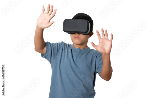 Studio portrait man wearing VR Headset isolated on white background.