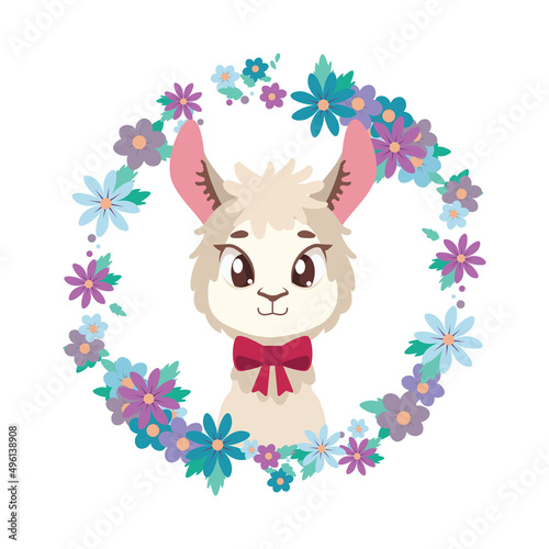 Cute llama portrait in the middle of a flower wreath