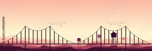 bridge silhouette with mountain landscape vector illustration good for wallpaper, background, backdrop, web banner, tourism and design template