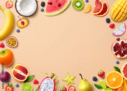 Frame of various fresh colored fruits