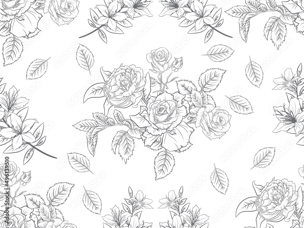 Fototapeta premium Beautiful rose line art seamless pattern