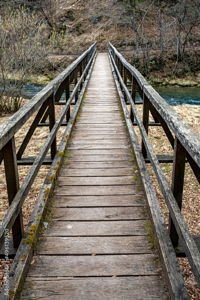 wooden bridge over a mountain stream, early spring wooden bridge over a mountain stream, early spring