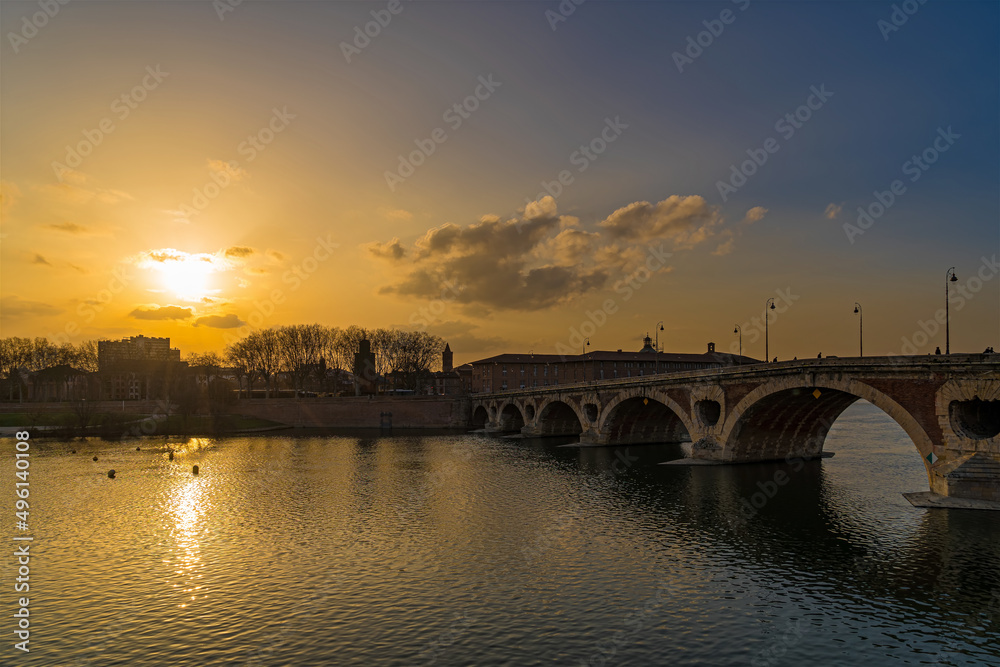 Beautiful Sunny Sky Over Toulouse Center With Garonne River and New Bridge