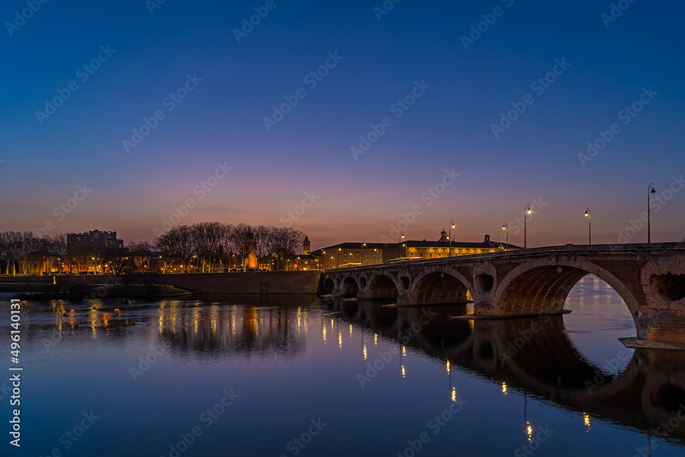 Blue Hour in Toulouse Center With Lights Reflections on Garonnes River and New Bridge