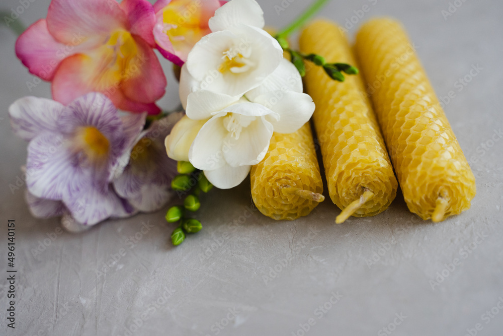 Set of Natural honey wax candles. Bouquet of freesias. Set of Natural honey wax candles. Bouquet of freesias.