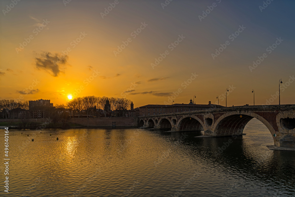 Orange Sunset Over Toulouse Center Garonne River and Stone Bridge