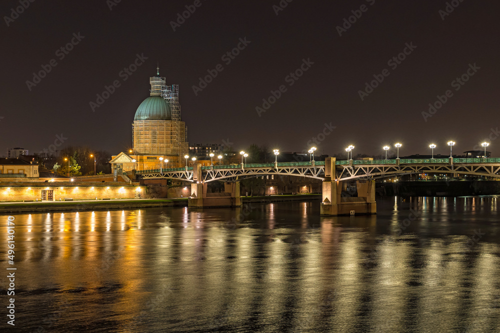 Garonne River and Saint Pierre Bridge Chapel at Night in Toulouse Center