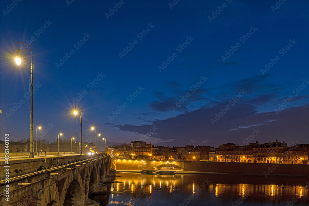 Dawn Over Toulouse Center and New Bridge With Stone Buildings and Garonne River Dawn Over Toulouse Center and New Bridge With Stone Buildings and Garonne River