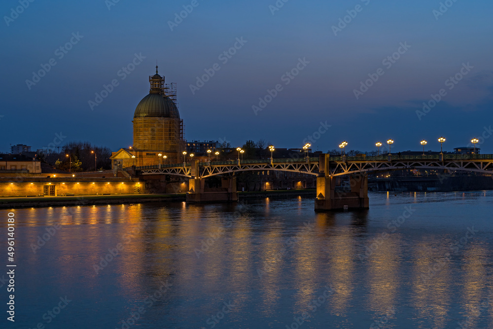 Blue Hour at Sunset Over Toulouse With Garonne River Bridge and Chapel
