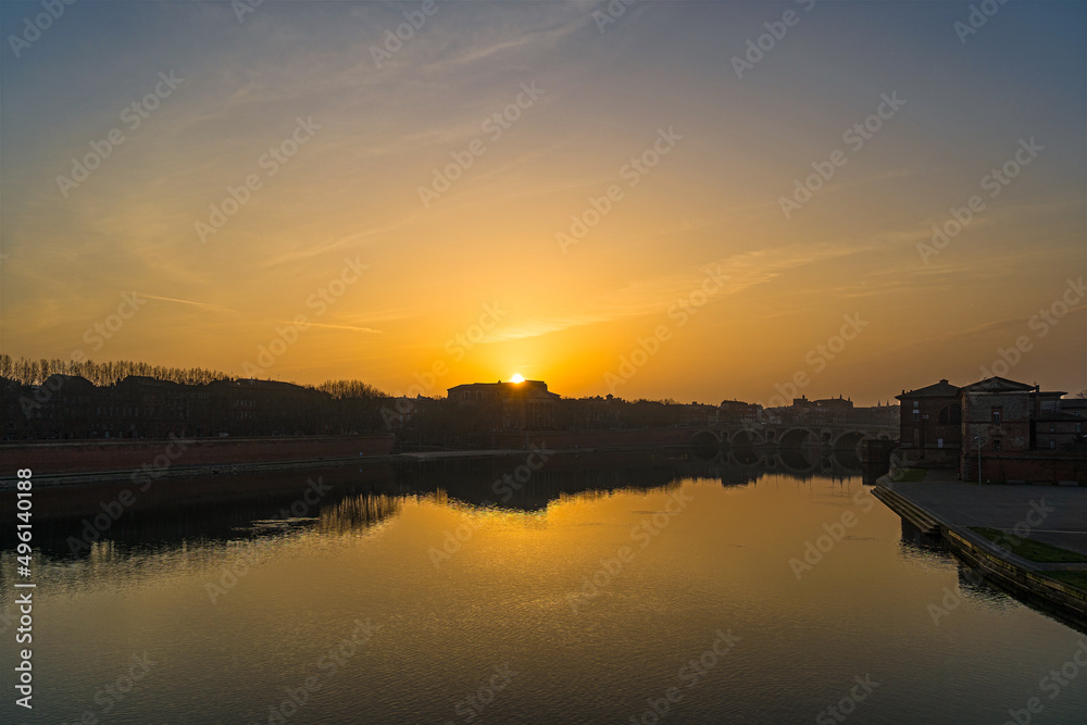 Orange Sunrise Over Toulouse Center With Garonne River and Bridges