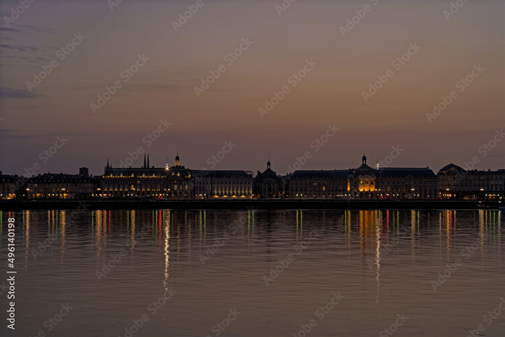 Twilight at Sunset in Bordeaux With Bourse Place and Garonne