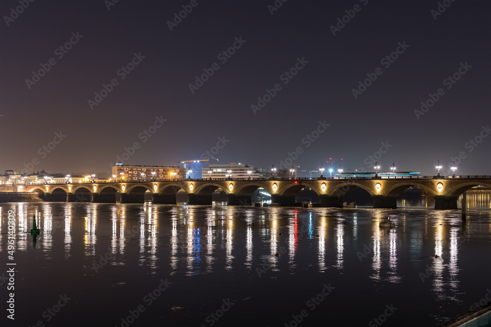 Night Traffic on Stone Bridge at Bordeaux