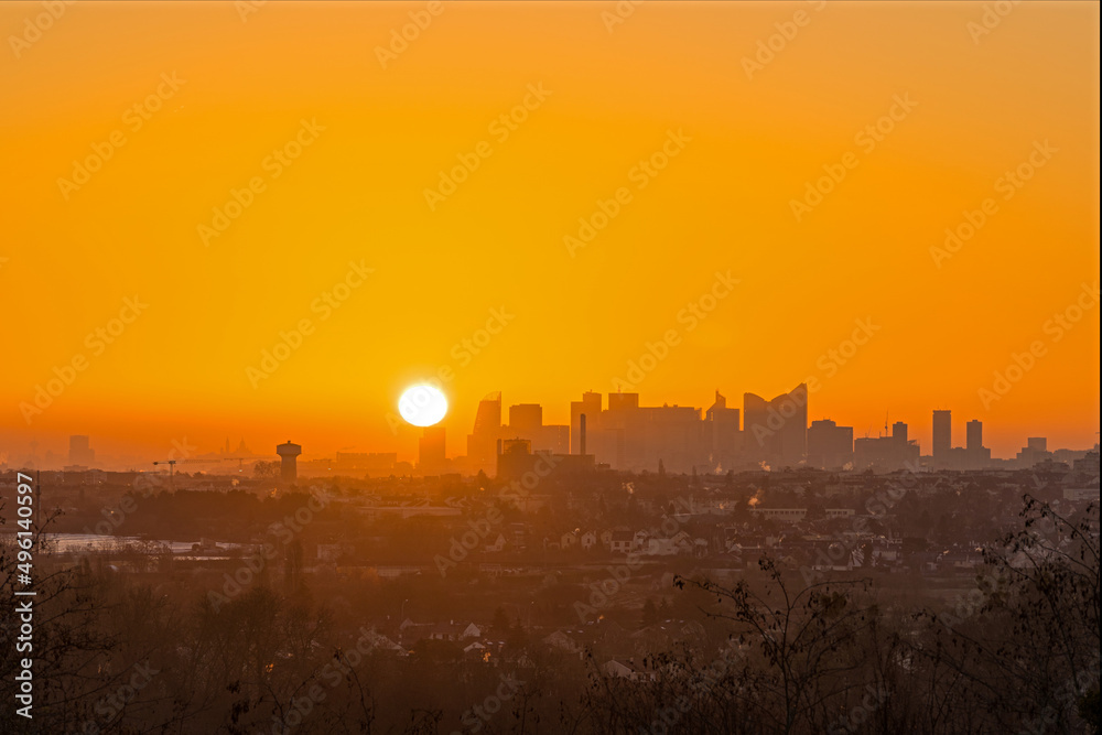 Sunrise Over Skyline of La Defense District and Sacred Heart Basilica in Paris