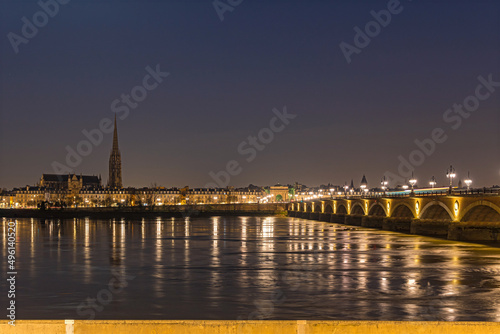 Dawn Over Bordeaux and Stone Bridge With Tramway and Garonne