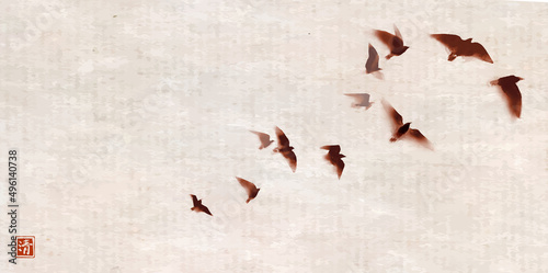 Flying flock birds on vintage rice paper background. Traditional oriental ink painting sumi-e, u-sin, go-hua. Hieroglyph -  clarity