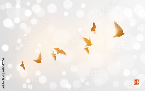 Ink painting of flying birds in sunshine on white glowing background. Traditional oriental ink painting sumi-e, u-sin, go-hua. Can be used for book cover, greeting card etc. Hieroglyph - zen