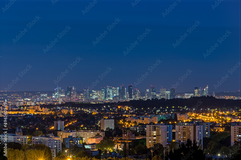 La Defense District Skyline at Night With Towers Buildings and Trees