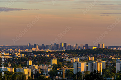 Panorama of La Defense Business District at Golden Hour With Trees and Hill