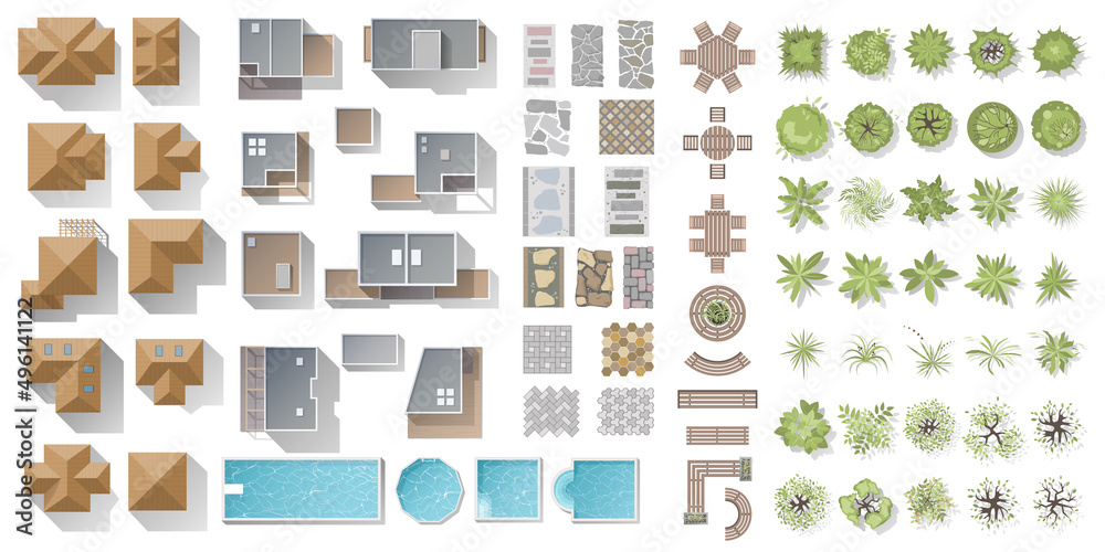 Architectural and Landscape elements top view. Collection of houses ...