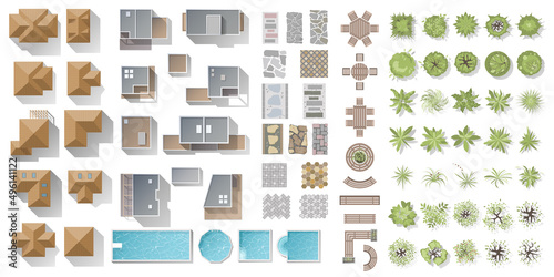 Architectural and Landscape elements top view. Collection of houses, plants, garden, trees, swimming pools, outdoor wooden furniture, tile. Flat vector. Kit of Tables, benches, chair. View from above