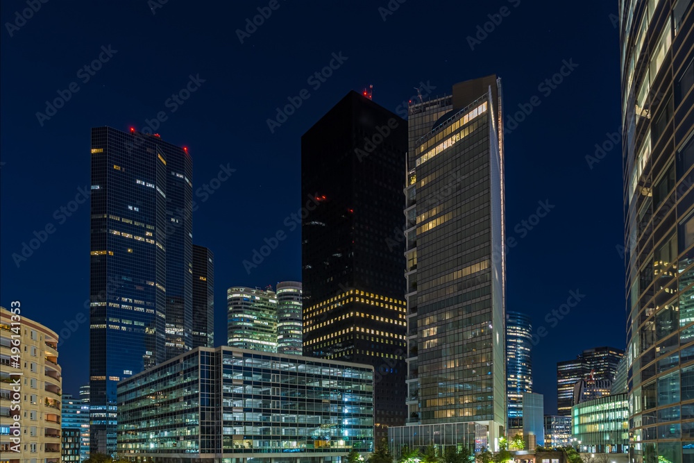 Beautiful La Defense District Skyline at Night With Enlightened Towers Beautiful La Defense District Skyline at Night With Enlightened Towers