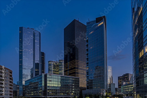 Twilight Sunset Over La Defense District Skyline With Towers and Reflections