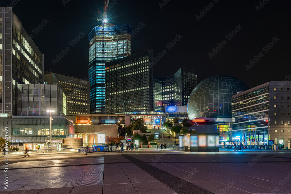 La Defense Business District at Night and its Shopping Center Tower Under Construction