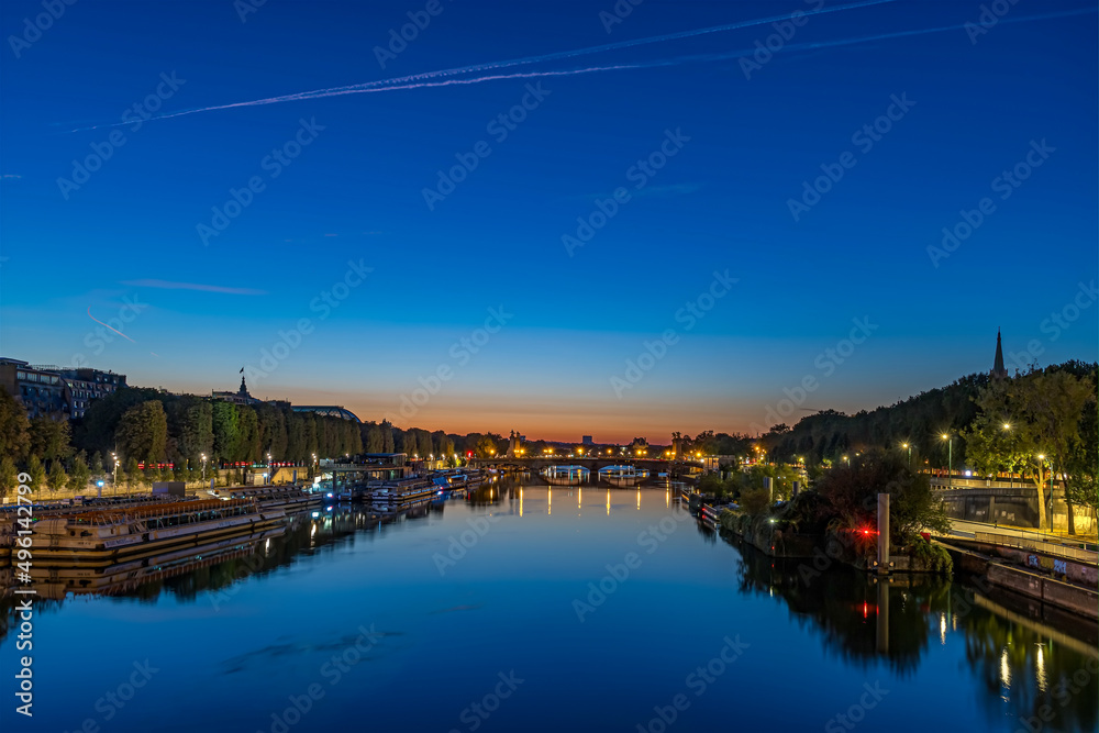 Dawn With Blue Sky and Seine River in Paris Touristic Center