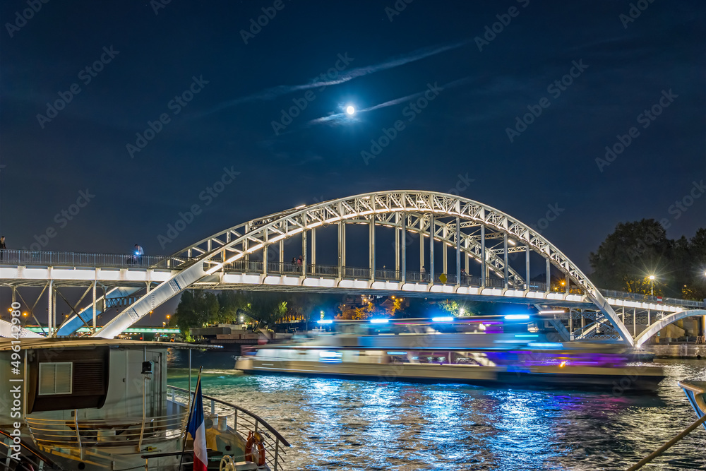 Boat Cruise Under Bridge in Paris Touristic Center With Full Moon Boat Cruise Under Bridge in Paris Touristic Center With Full Moon