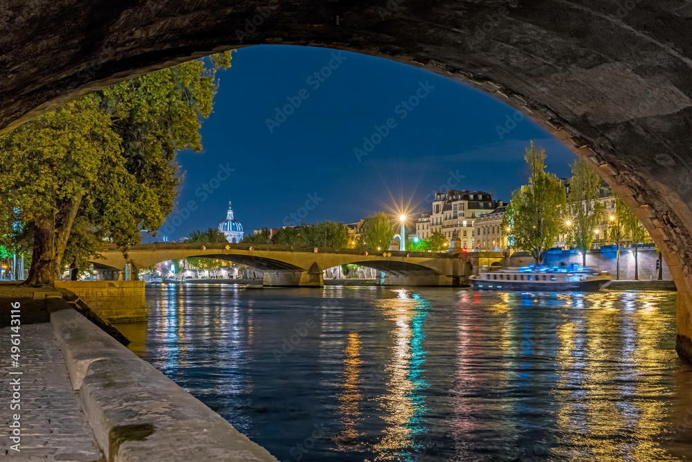 Romantic Place on Docks in Paris With Water Boats Cruises Stone Bridge and Buildings
