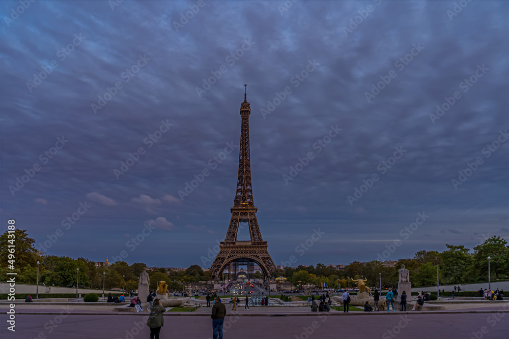 Fototapeta premium Beautiful Eiffel Tower at Night With Peoples Under Cloudy Sky and Trees
