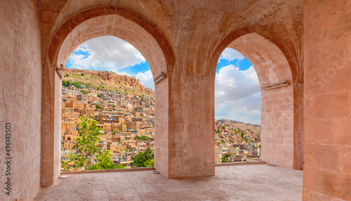 Abstract background concept - Mardin old town from Windows of Kasimiye Madrasah - Mardin, Turkey