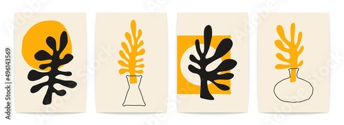 Abstract floral contemporary posters. Matisse inspired algae flowers mid century geometric shapes, minimal vector art